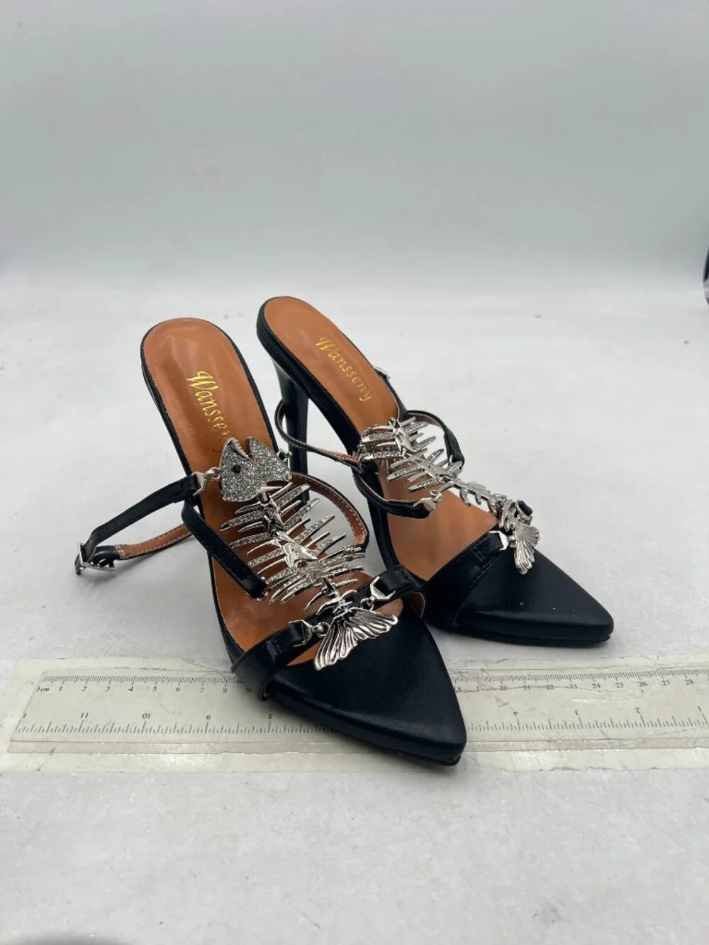 Wansseny Black Open Toe Fishbone Rhinestone Ankle Strap Stiletto Heels Sandals